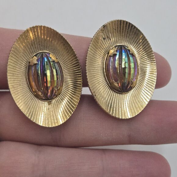 Vintage Mid Century SaC Sarah Coventry Faceted Watermelon AB Melon Glass Earring - Picture 1 of 4